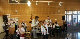 Jesina Chikutu foreground leads the Swedish based Zimbabwe Traditional Unity Band during a performance in EUrope