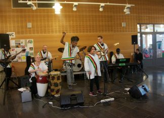 Jesina Chikutu foreground leads the Swedish based Zimbabwe Traditional Unity Band during a performance in EUrope