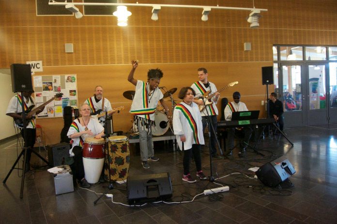 Jesina Chikutu foreground leads the Swedish based Zimbabwe Traditional Unity Band during a performance in EUrope