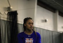 Tasha Dembo prepares to serve during a Marauders match in 2019