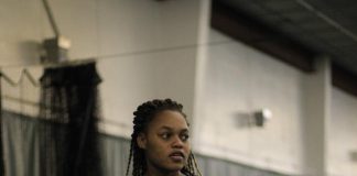 Tasha Dembo prepares to serve during a Marauders match in 2019