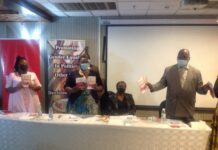 MDC Alliance secretary for international relations Gladys Hlatywayo holds the Gender Audit Report of Main Political Parties Zimbabwe and Model Gender Policy together with Zanu-PF women’s league chairperson Mabel Chinomona and MDC-T's Gift Chimanikire while Zimbabwe Gender Commission chairperson Margret Mukahanana-Sangarwe looks on