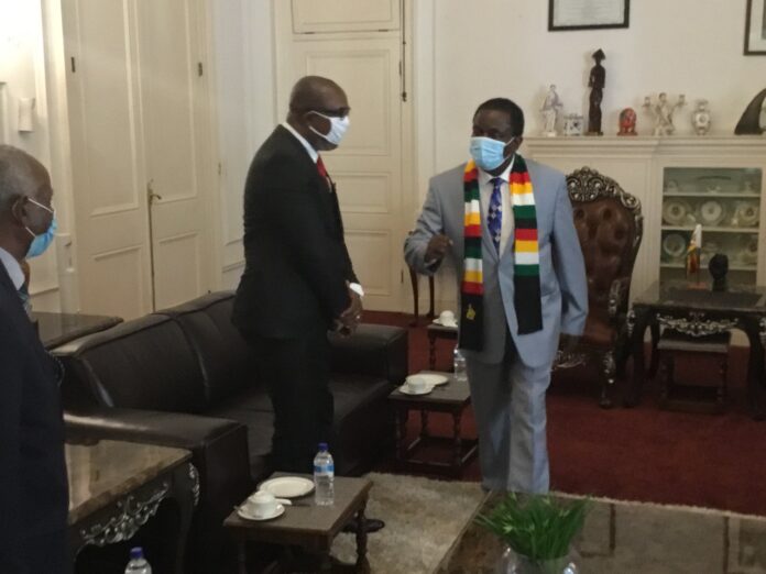 Former MDC officials and founding member Obert Gutu and James Makore meet President Mnangagwa at State House after dumping the opposition movement to join the ruling Zanu-PF