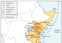 Indicative overview of sea- and land-based heroin routes across the eastern African coastal states