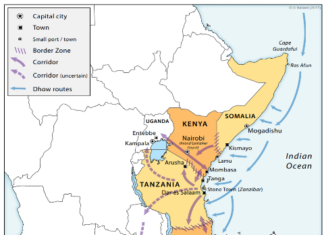 Indicative overview of sea- and land-based heroin routes across the eastern African coastal states