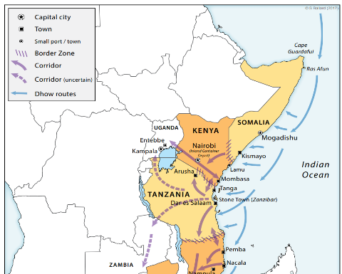 Indicative overview of sea- and land-based heroin routes across the eastern African coastal states