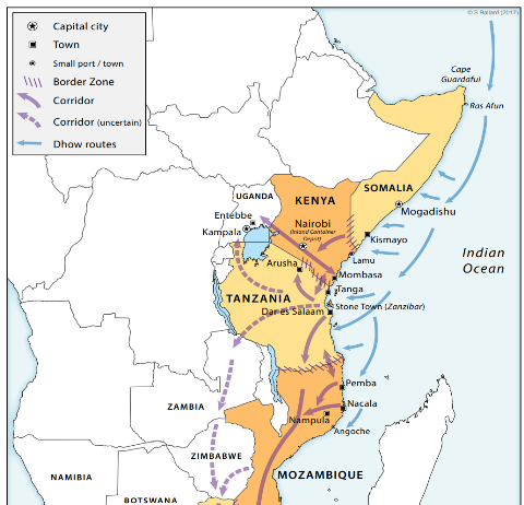Indicative overview of sea- and land-based heroin routes across the eastern African coastal states