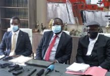 Advocate Thabani Mpofu flanked lawyer Tendai Biti and Dr Musa Kika during a press conference in Harare